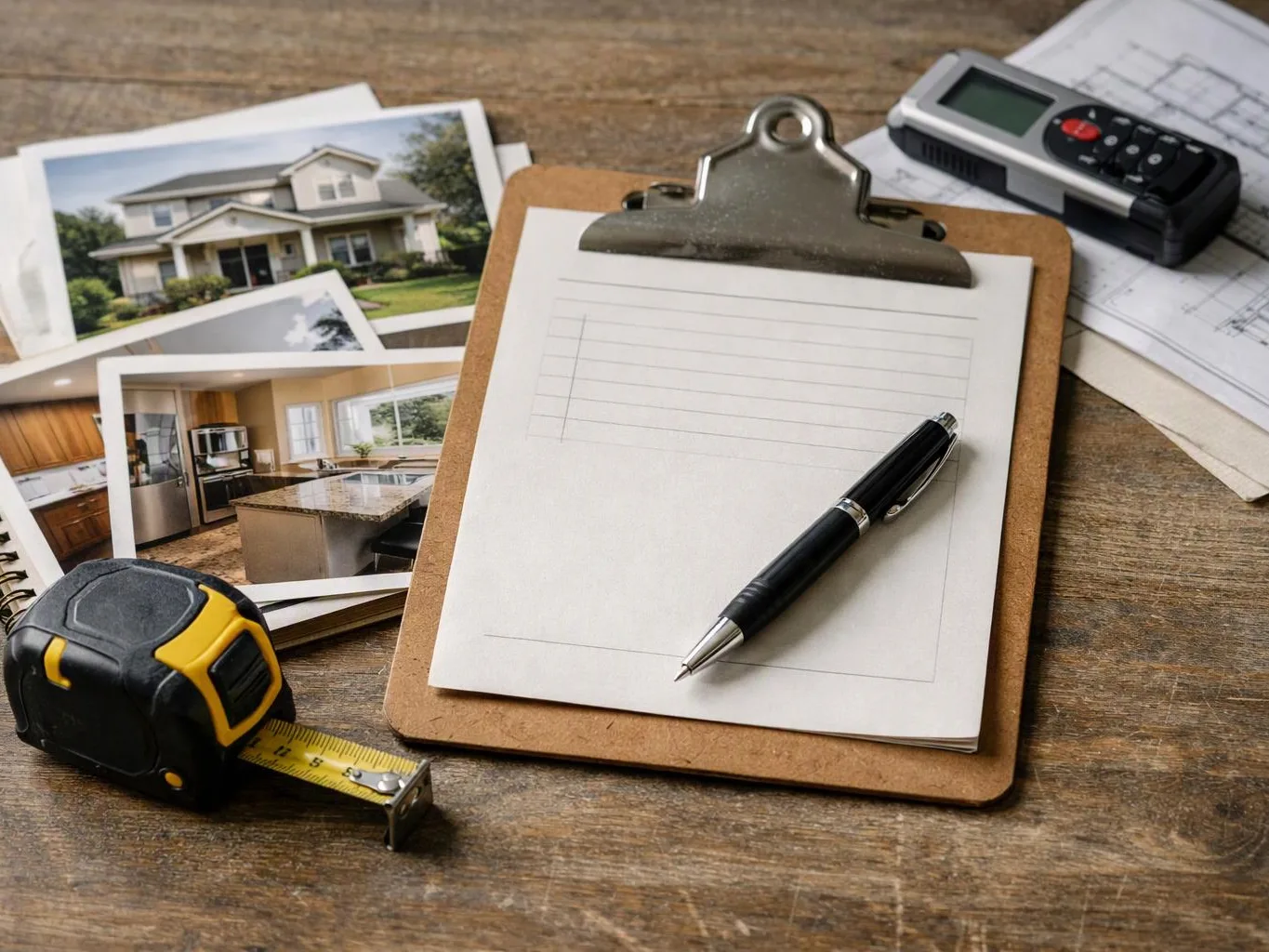A clipboard with blank paper and pen sits among house photos, a tape measure, and a voice recorder on a wooden table