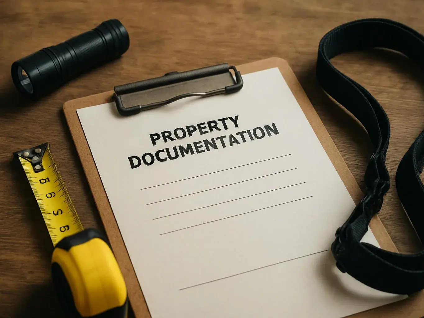 A clipboard holds a paper labeled “PROPERTY DOCUMENTATION” beside a flashlight, tape measure