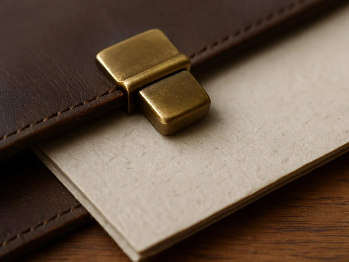 A close-up shows a brown leather wallet with a brass clasp resting on a cream card over wood