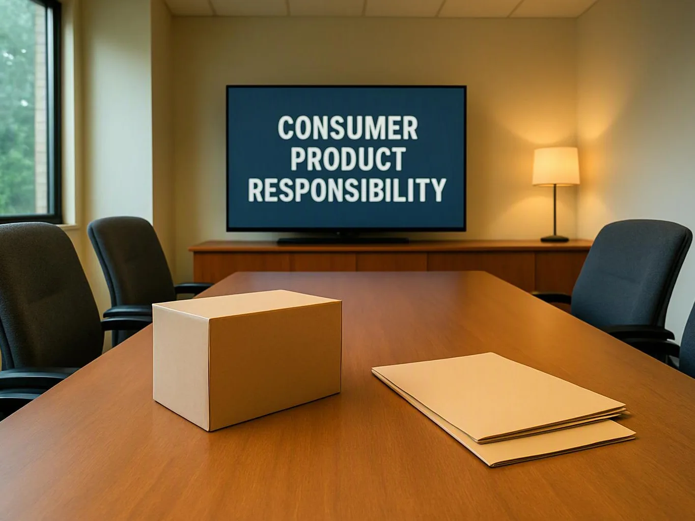 A conference room has a TV showing “CONSUMER PRODUCT RESPONSIBILITY,” with a box and papers on the table