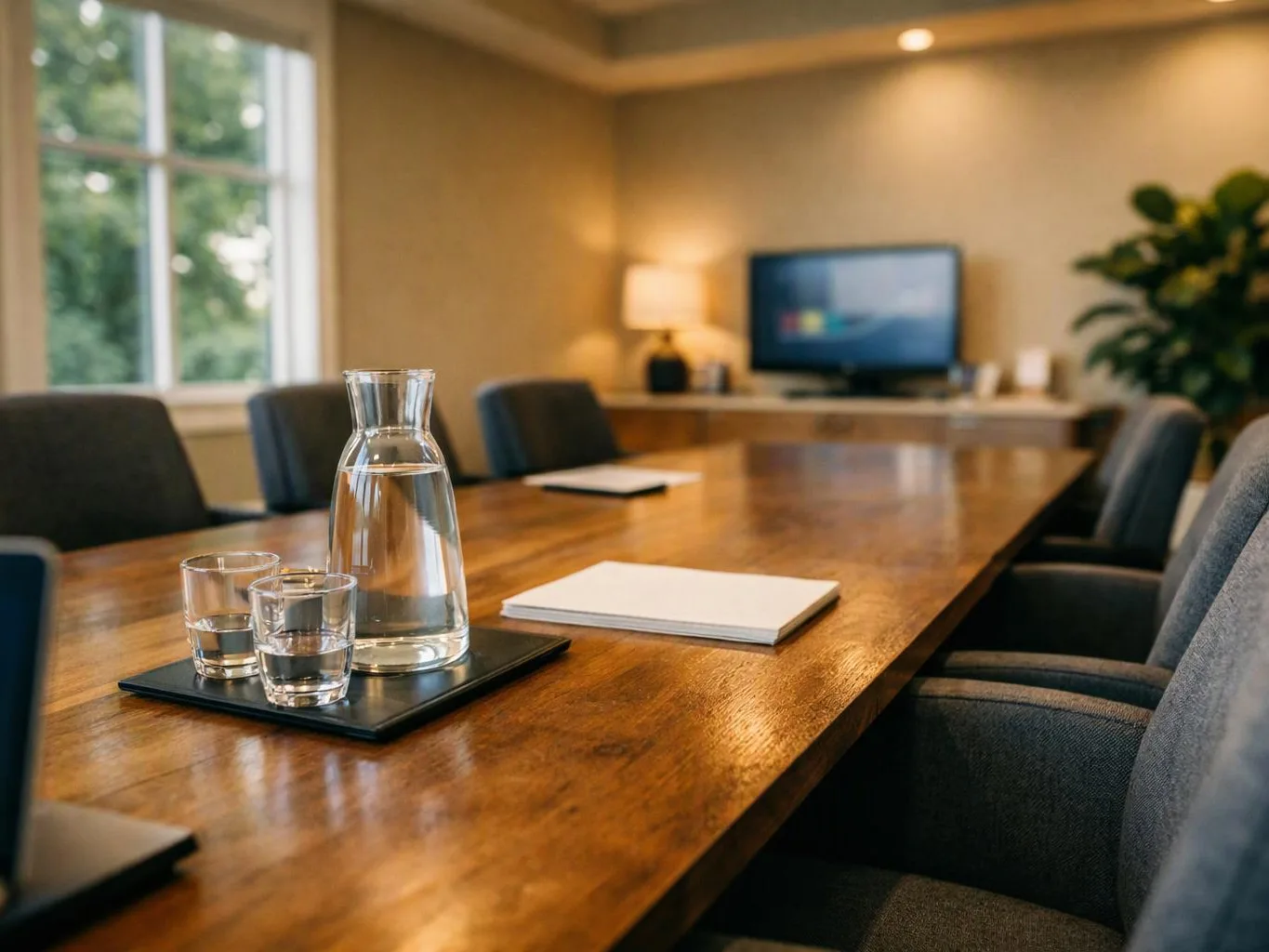 A conference room with a wooden table, gray chairs, water glasses, a carafe, notebooks, and a TV in the background