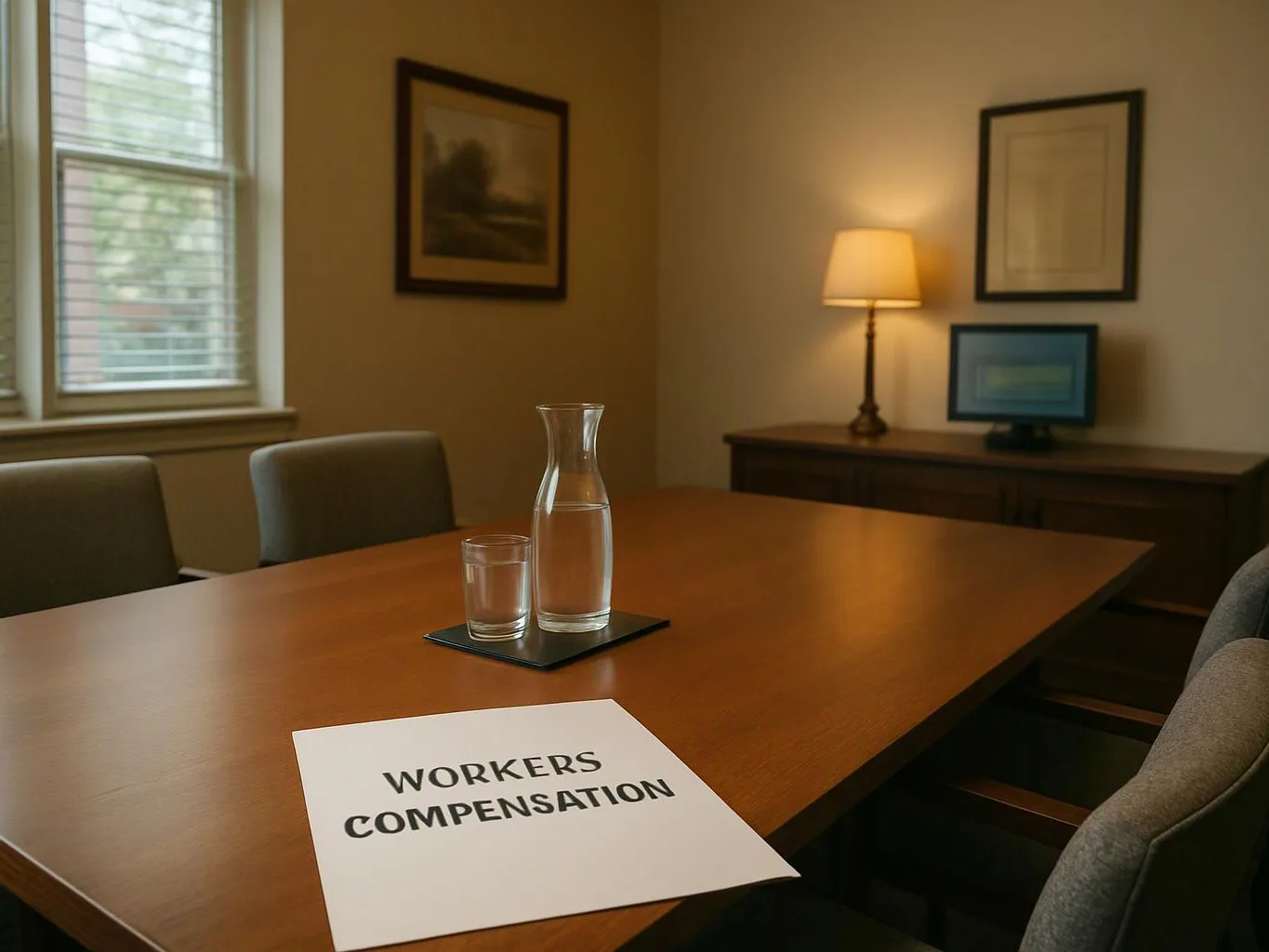 A conference table holds a water carafe, glass, and a paper labeled "WORKERS COMPENSATION" in a quiet office room