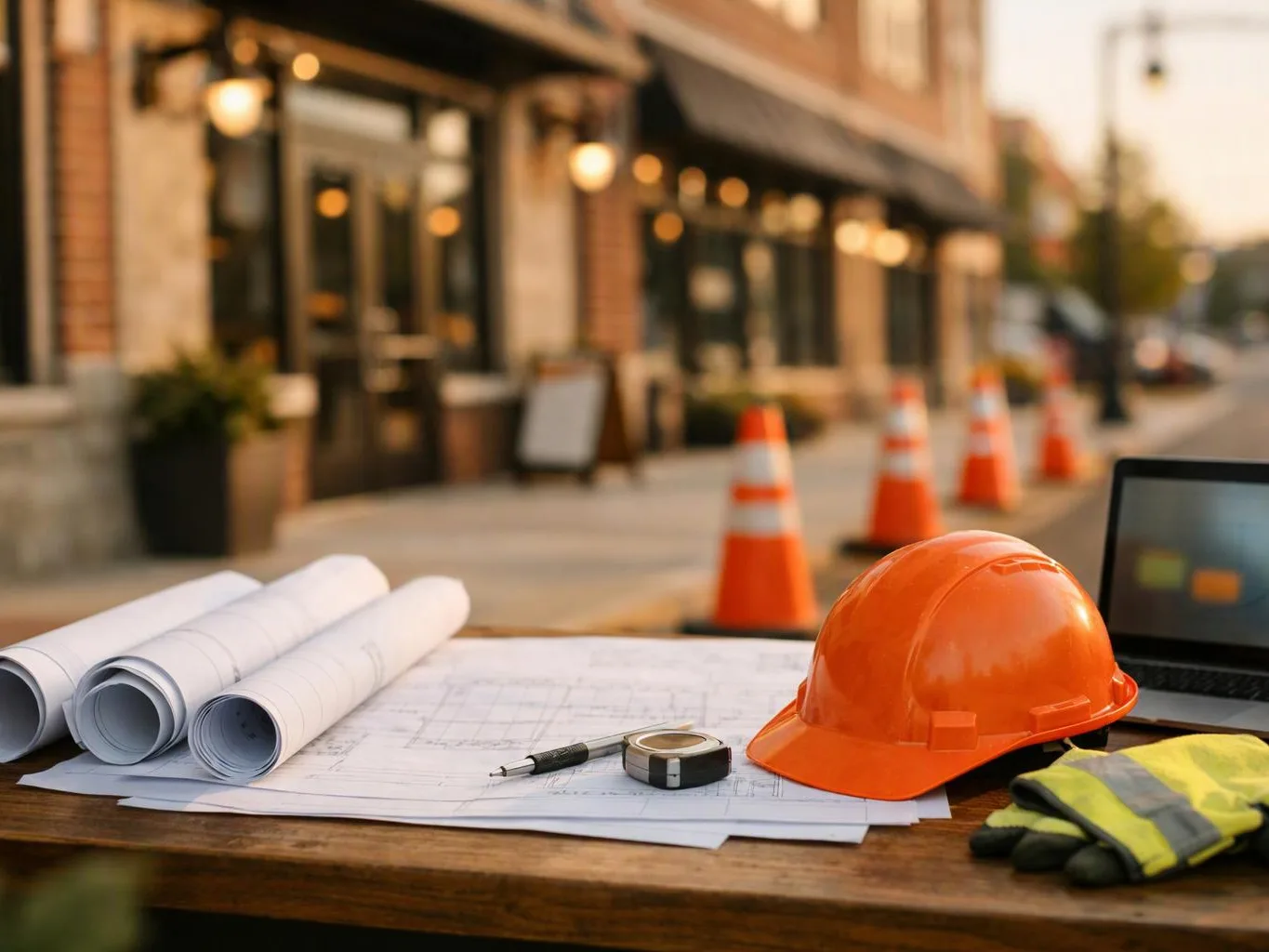 Construction plans, an orange hard hat, gloves, and a laptop sit on a table by a sidewalk with traffic cones