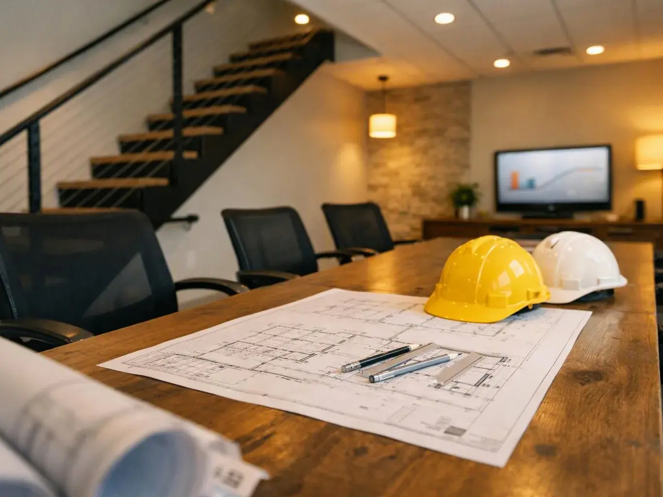 Construction plans, pens, and two hard hats sit on a conference table in a modern office