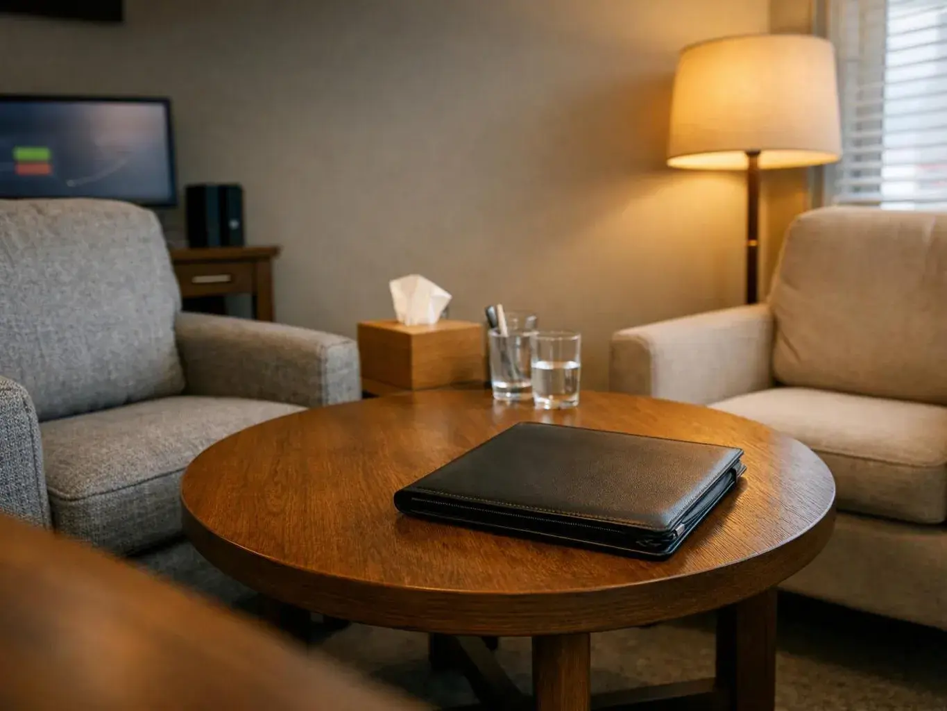 A cozy lounge shows two armchairs, a round wooden table with a folder and glasses, and a lit floor lamp