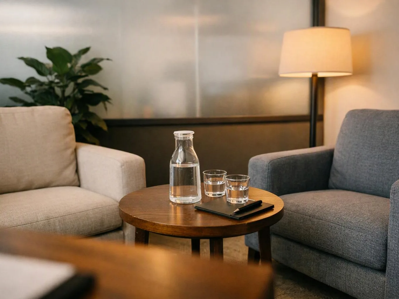 A cozy lounge shows two armchairs, a wooden table with water glasses and a carafe, and a lit floor lamp