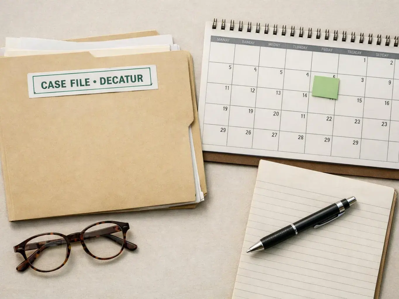 Desk with case file folders, a monthly calendar, eyeglasses, and a pen on a notepad