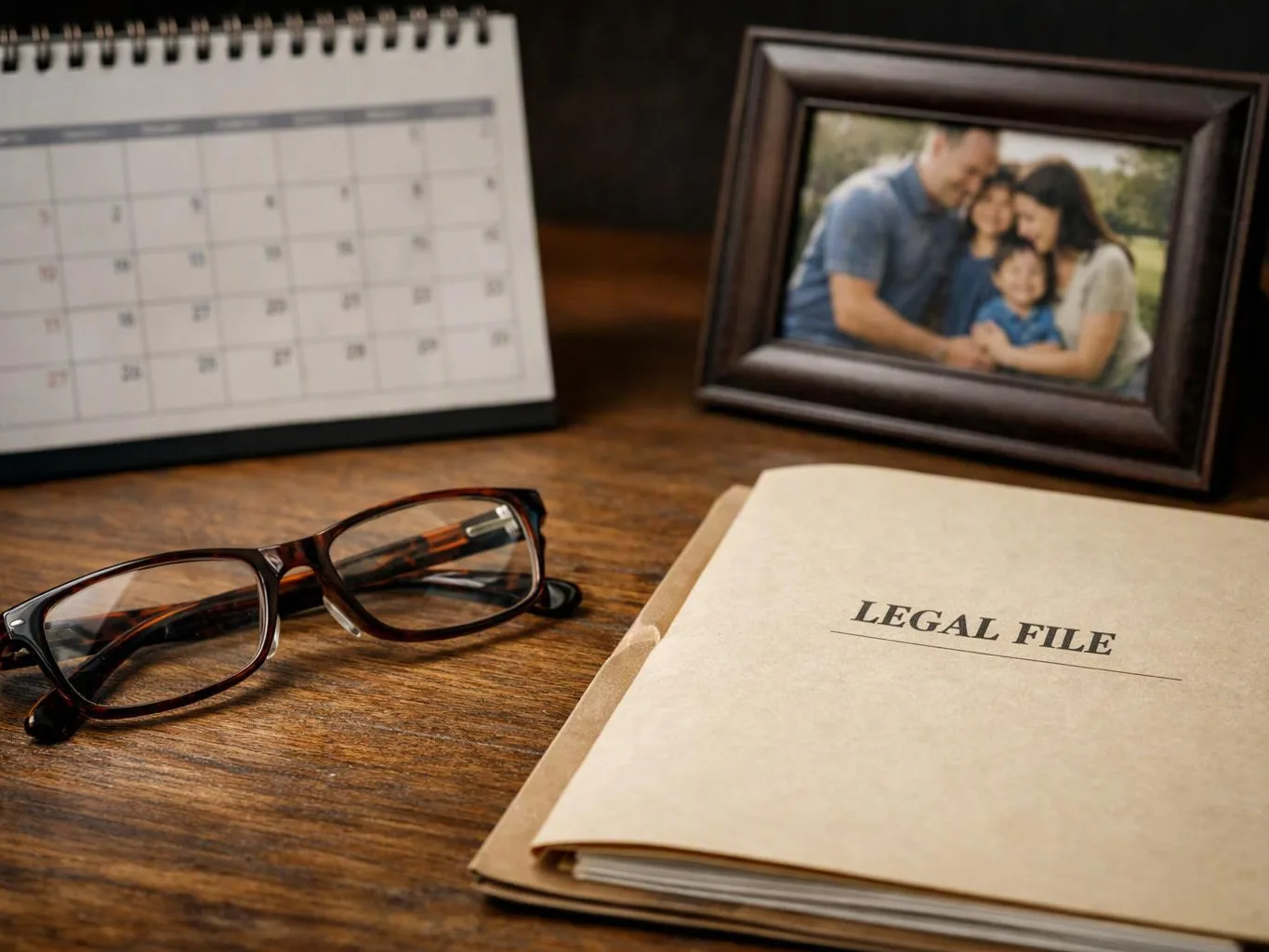 A desk holds glasses, a calendar, a framed family photo, and a folder labeled legal file