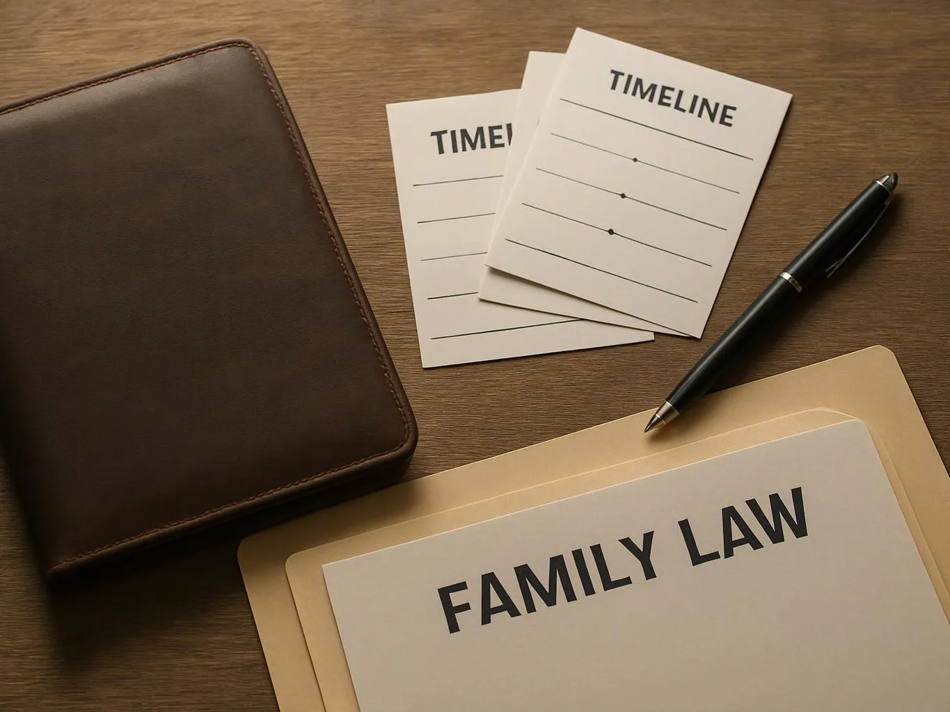 A desk holds a leather folder, timeline cards, a pen, and a file labeled “FAMILY LAW”