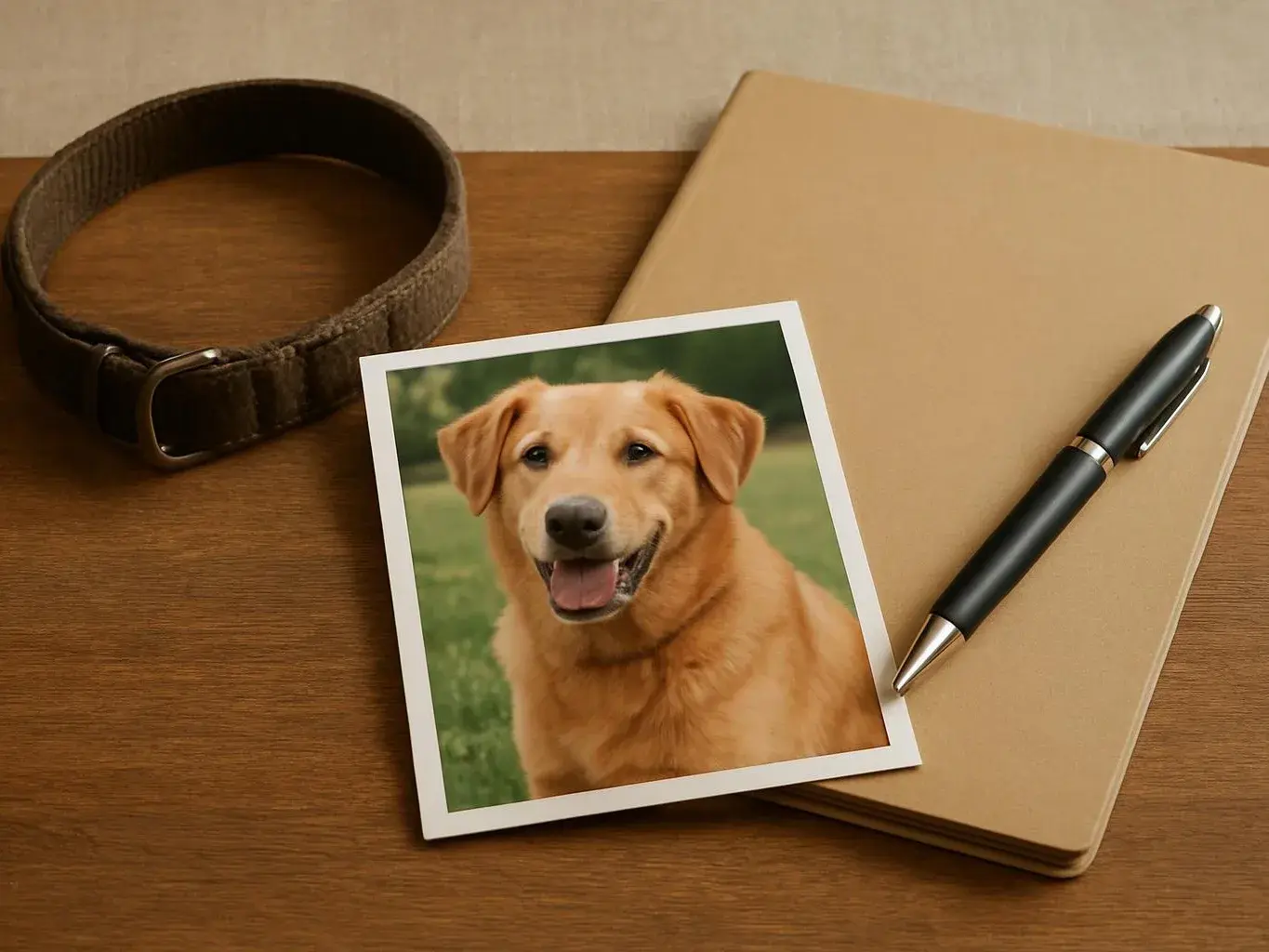 A dog photo rests on a notebook beside a pen and brown collar on a wooden table