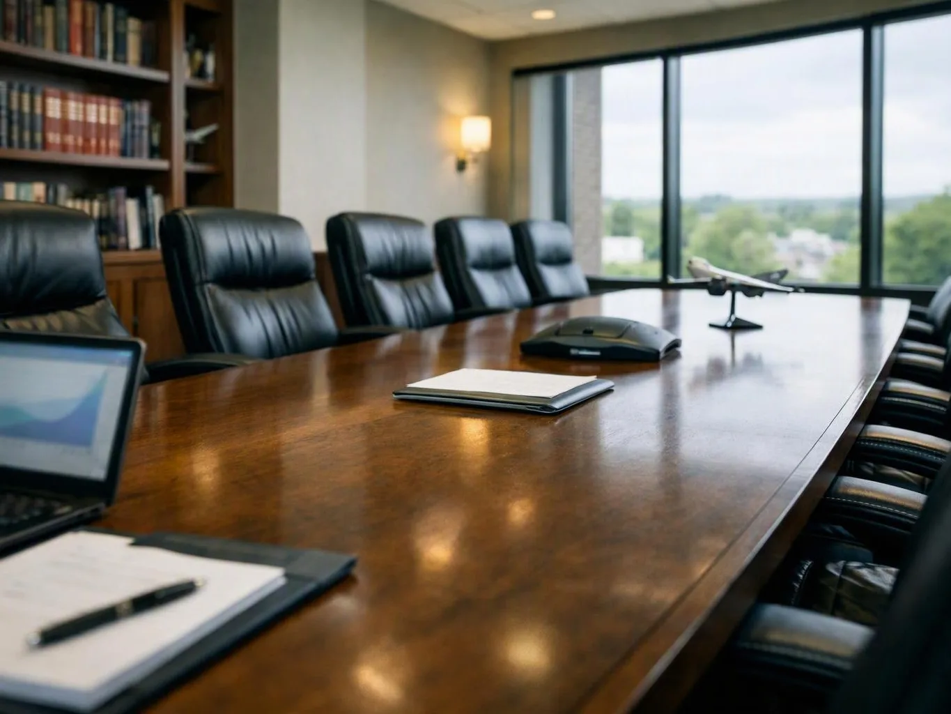 An empty conference room shows a long wooden table, black leather chairs, a laptop, notebook, phone, and model airplane