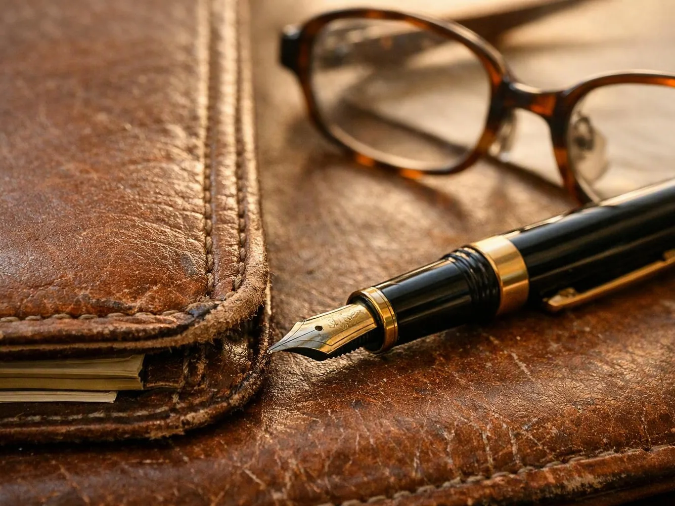 A fountain pen and eyeglasses rest beside a worn brown leather notebook on a desk