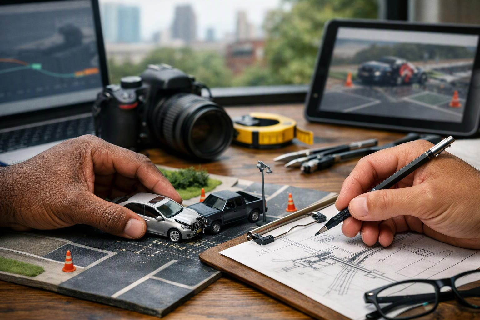 Hands place toy cars on a crash scene model while another hand sketches plans at a desk