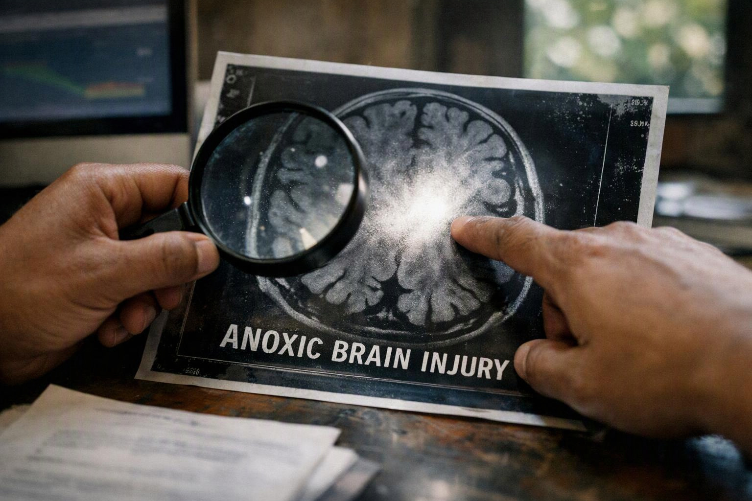 Hands hold a magnifying glass and point to a brain scan labeled anoxic brain injury on a desk
