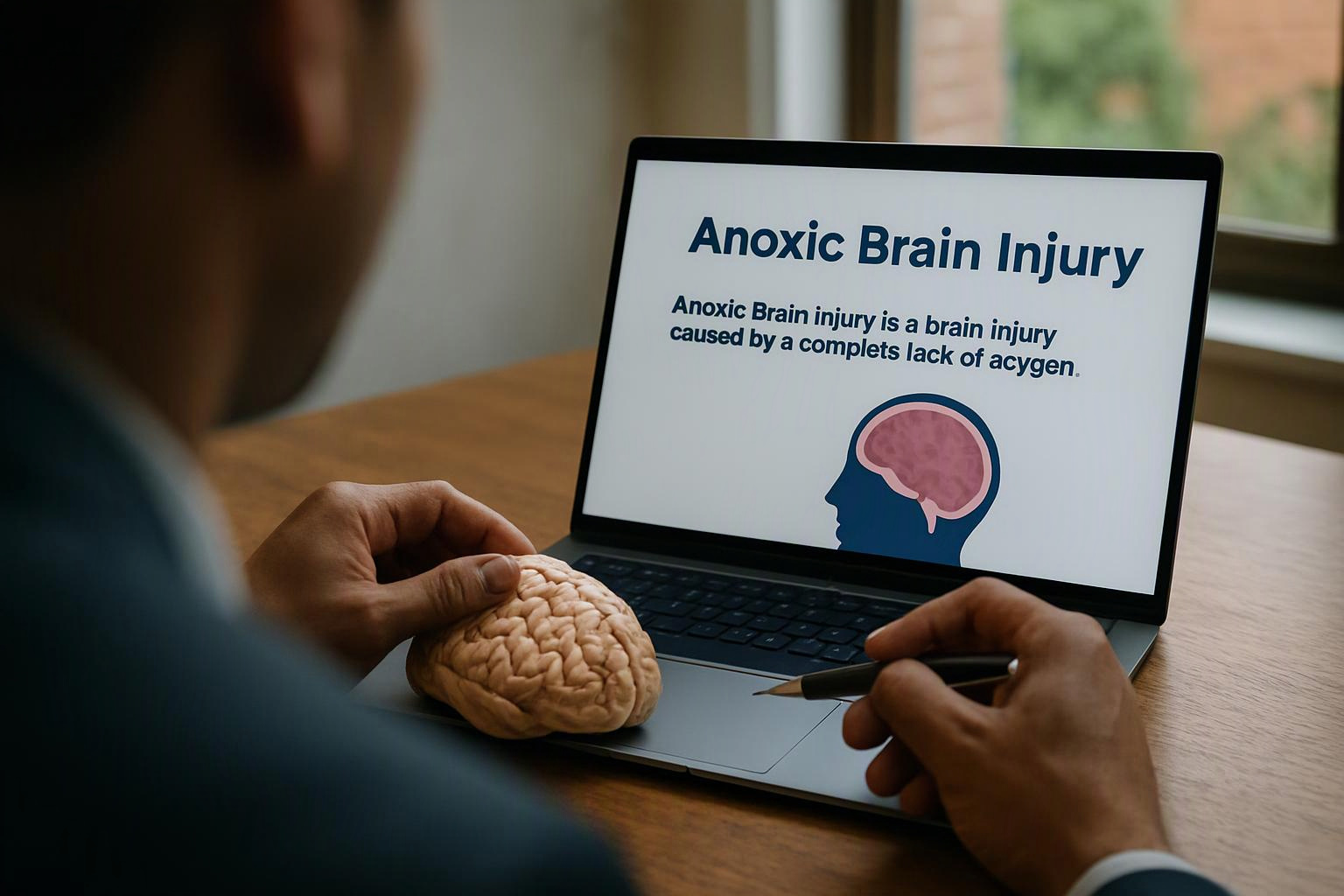 A person studies a laptop slide about anoxic brain injury while holding a brain model at a desk