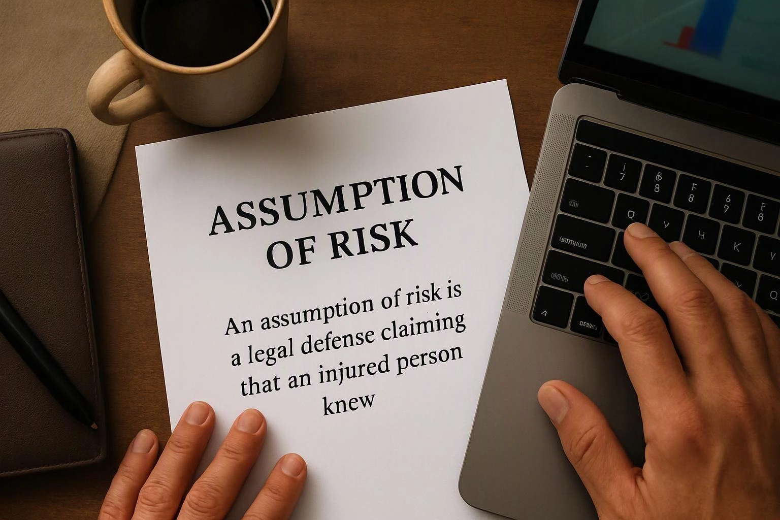 Hands rest on a risk document beside a laptop, coffee mug, and notebook on a wooden desk