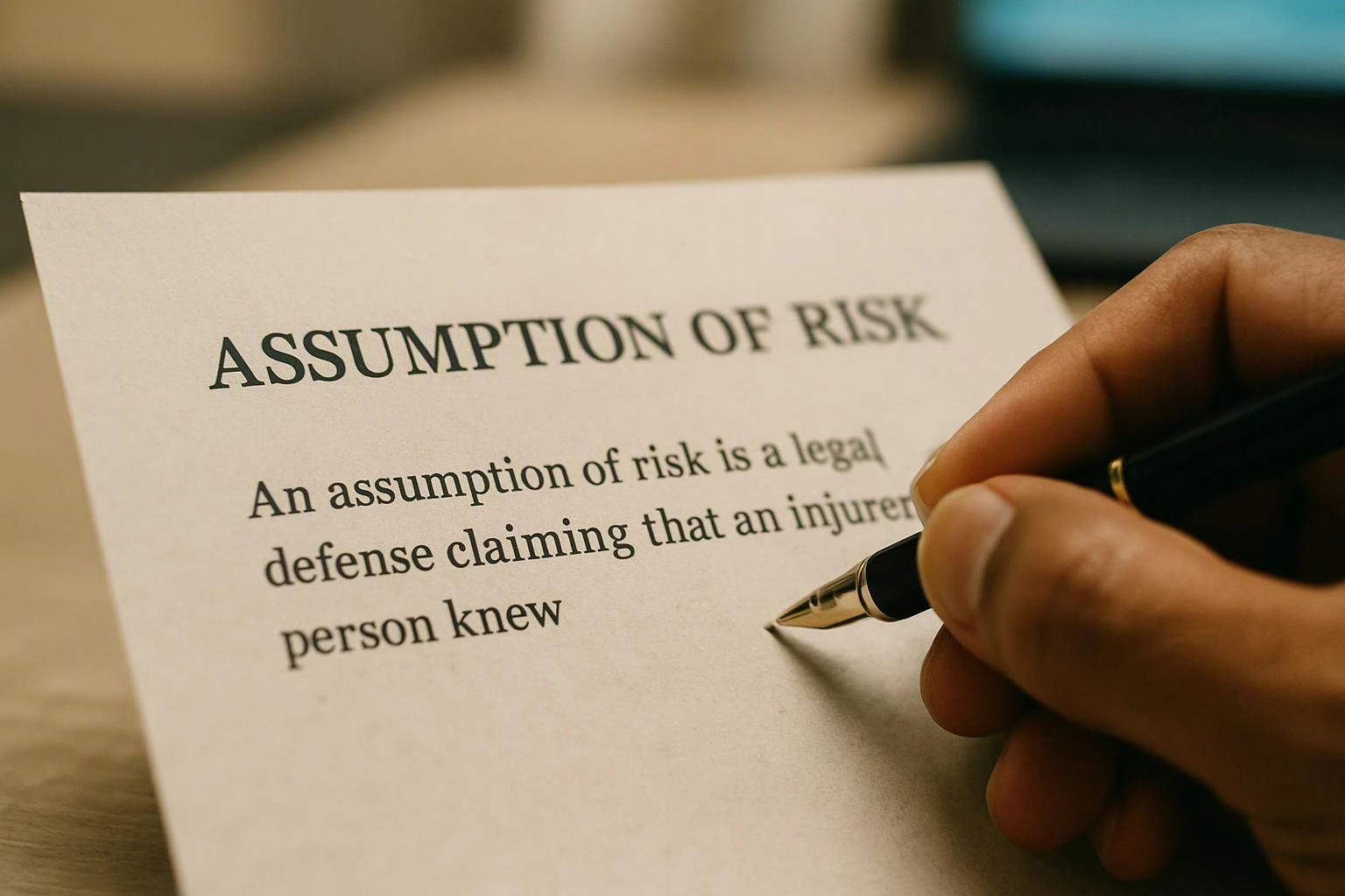 A hand holds a pen over a paper titled “ASSUMPTION OF RISK” with legal text underneath
