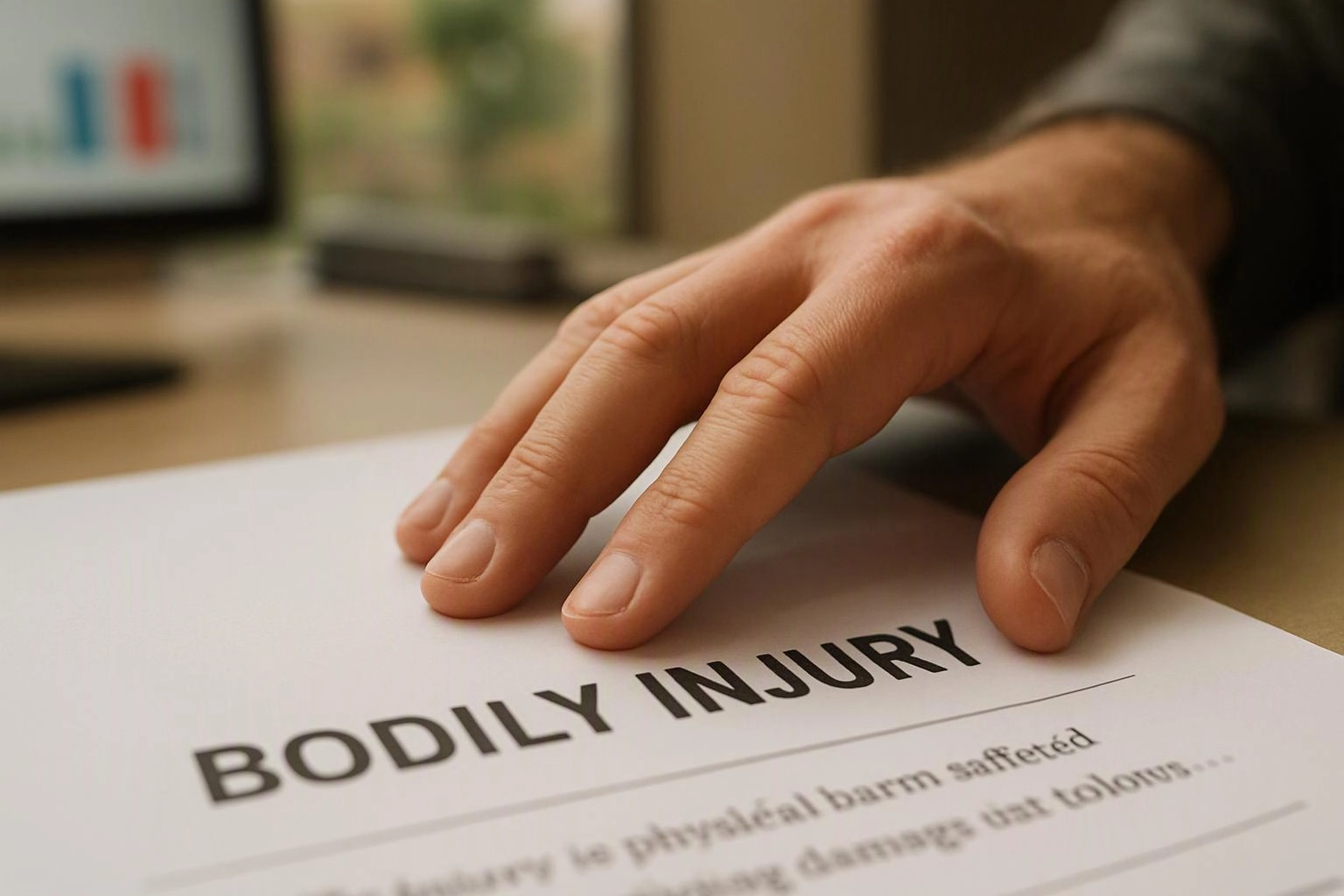A hand rests on a paper titled “BODILY INJURY” on a desk with a blurred screen in the background