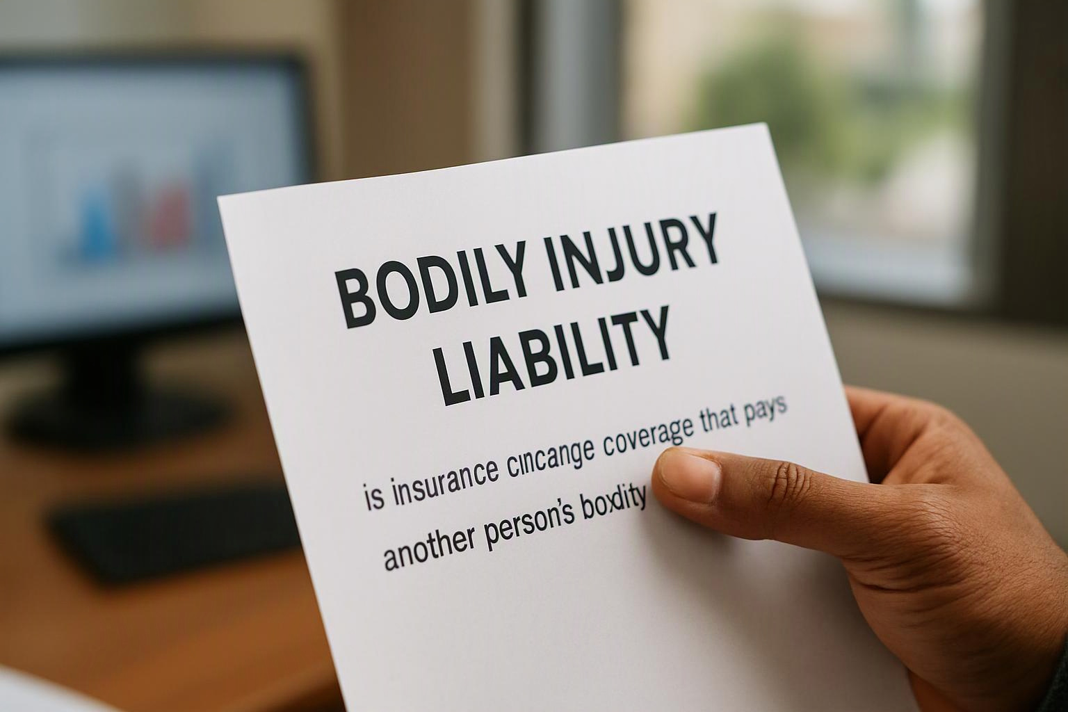 A hand holds a paper reading "BODILY INJURY LIABILITY" in front of a blurred office desk and monitor