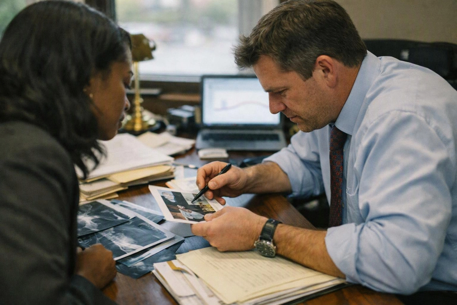 Two office workers review printed photos at a desk, with papers, a laptop, and a brass lamp nearby
