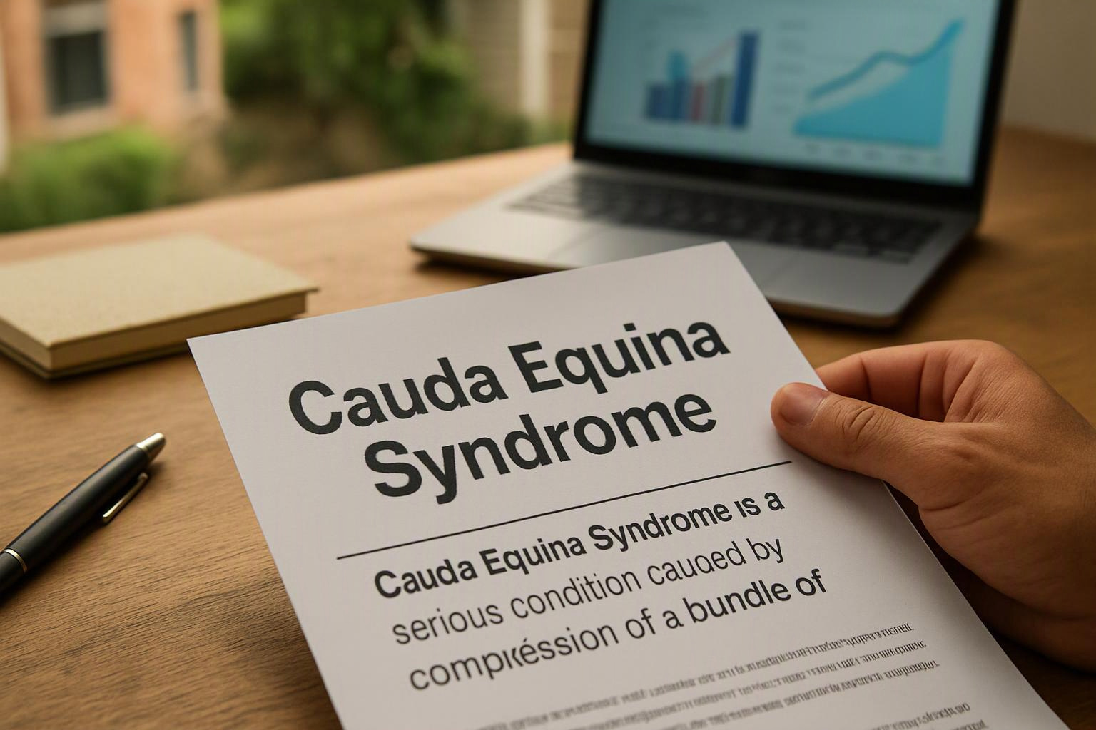 A hand holds a paper about cauda equina syndrome beside a laptop with charts on a wooden desk