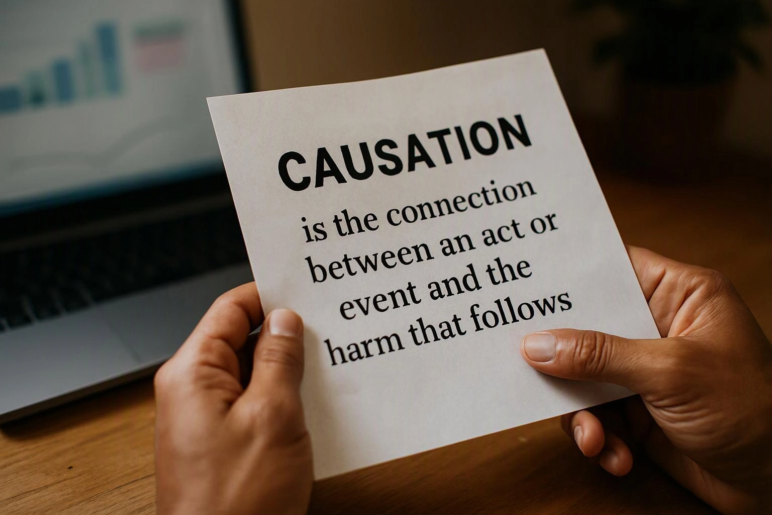 Hands hold a printed sheet defining causation beside a laptop on a wooden desk