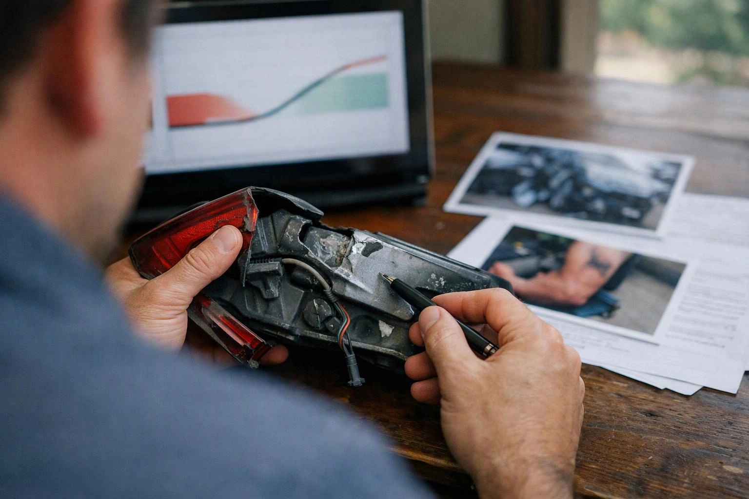 A person inspects a broken car taillight on a wooden table beside printed photos and a laptop graph