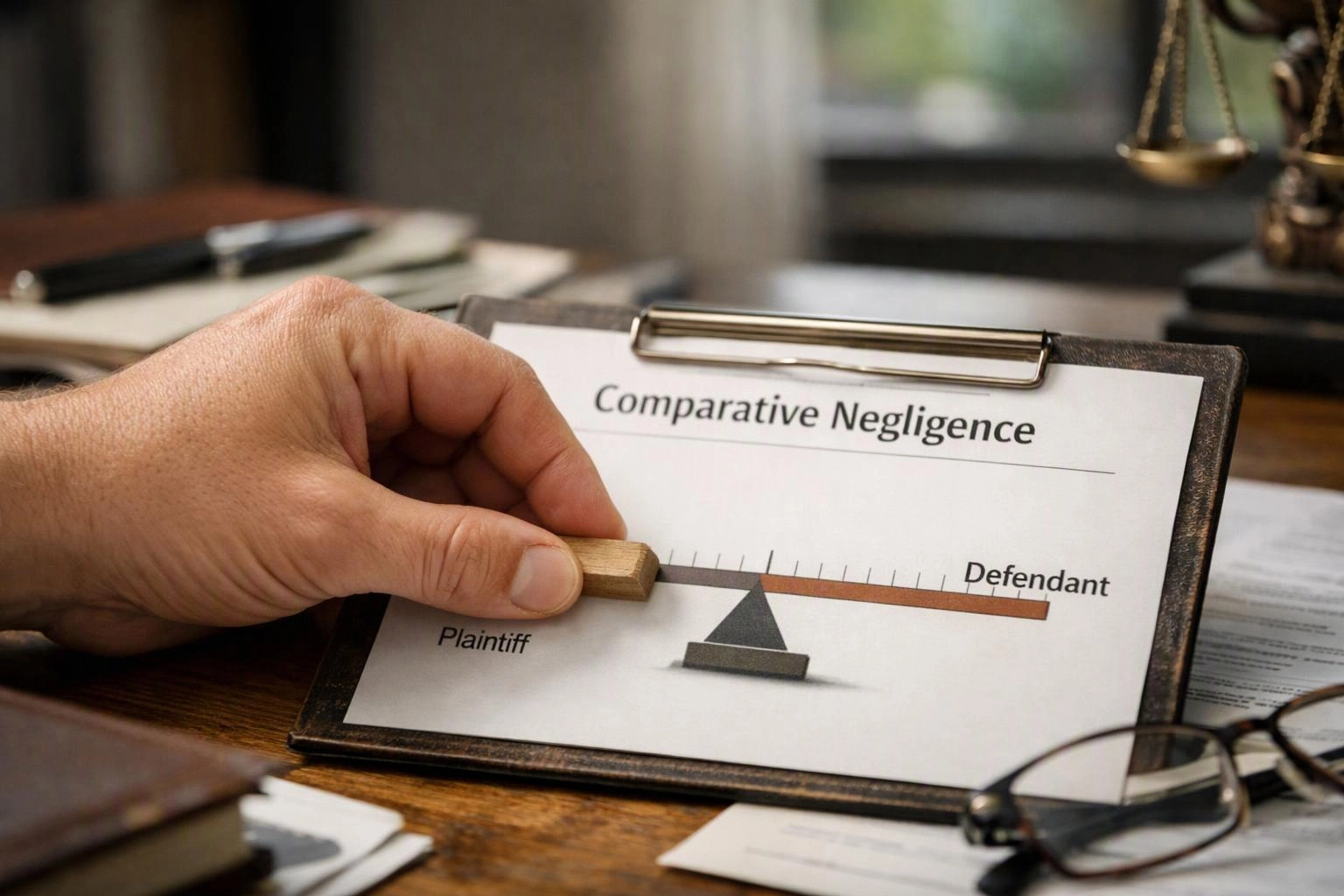 A hand moves a small block along a clipboard chart labeled “Comparative Negligence” on a desk
