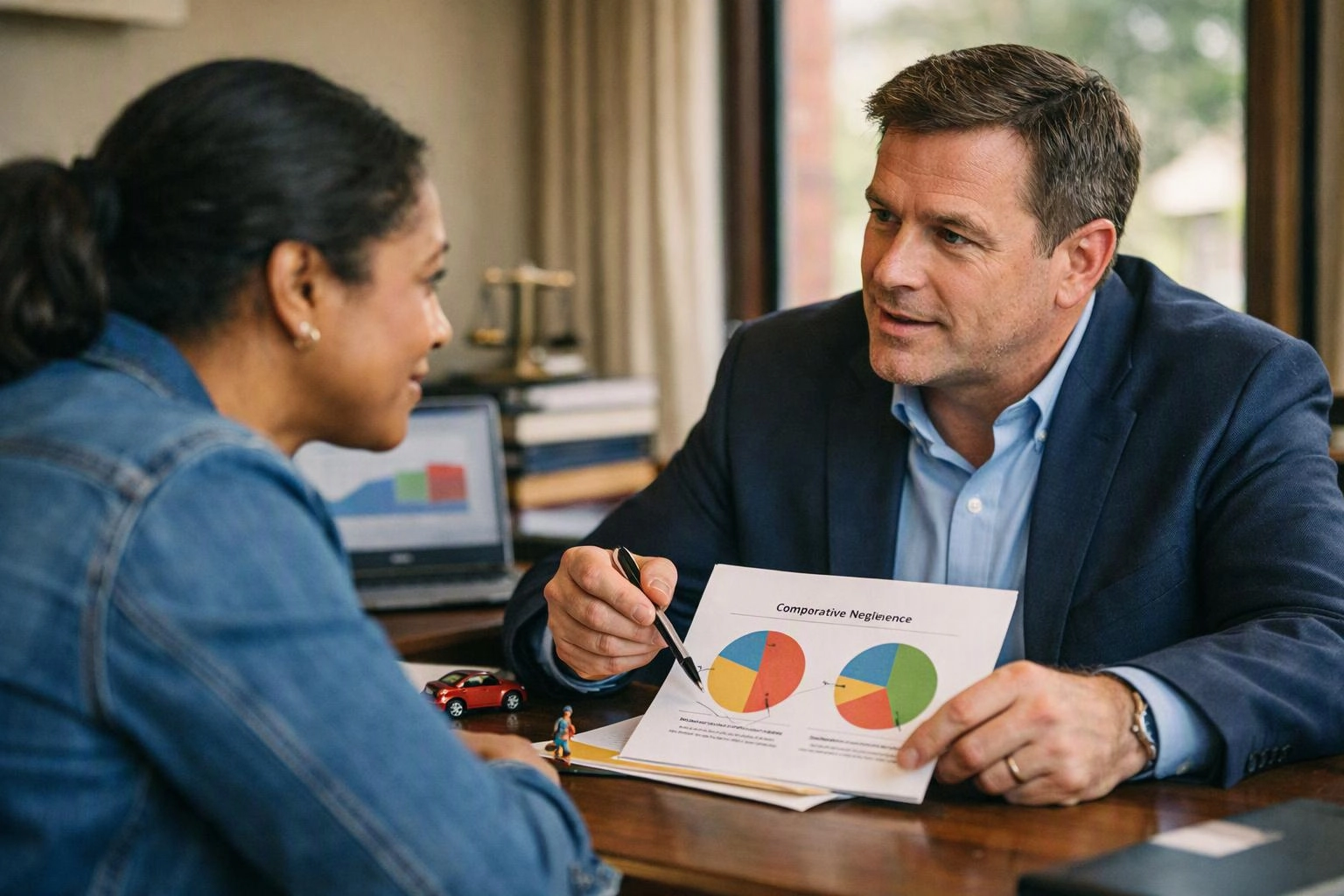A man in a suit shows pie charts on paper while talking to a woman across a desk in an office