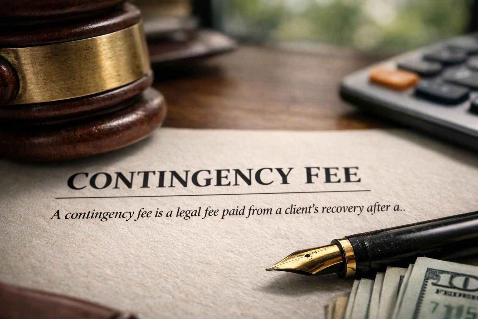 A gavel, fountain pen, calculator, and cash sit beside a paper titled "CONTINGENCY FEE"