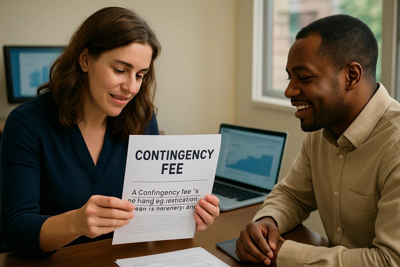 Two coworkers smile over a paper titled “CONTINGENCY FEE” at a desk with laptops and charts in the background