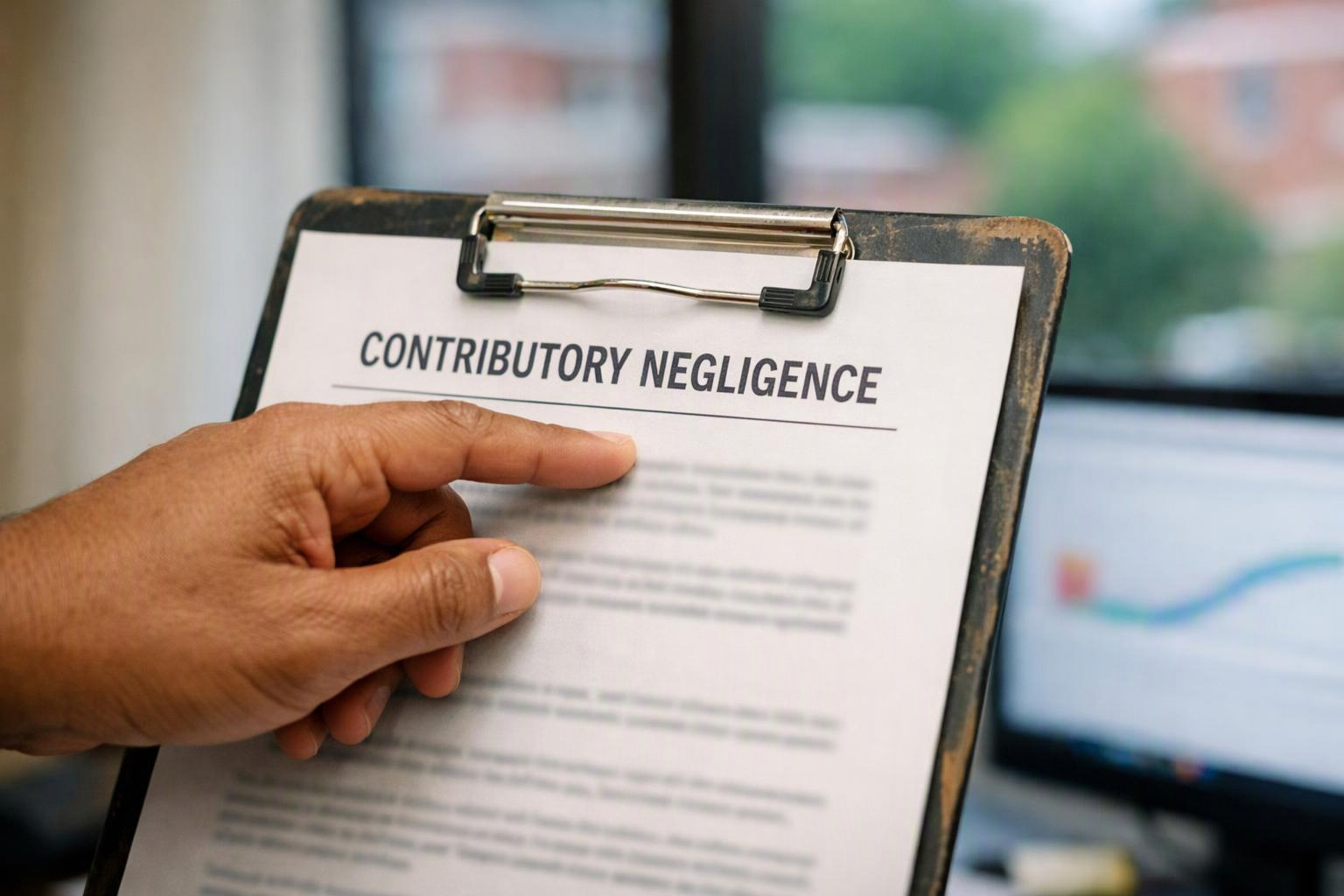 A hand points at a clipboard holding a document titled "CONTRIBUTORY NEGLIGENCE" in an office setting