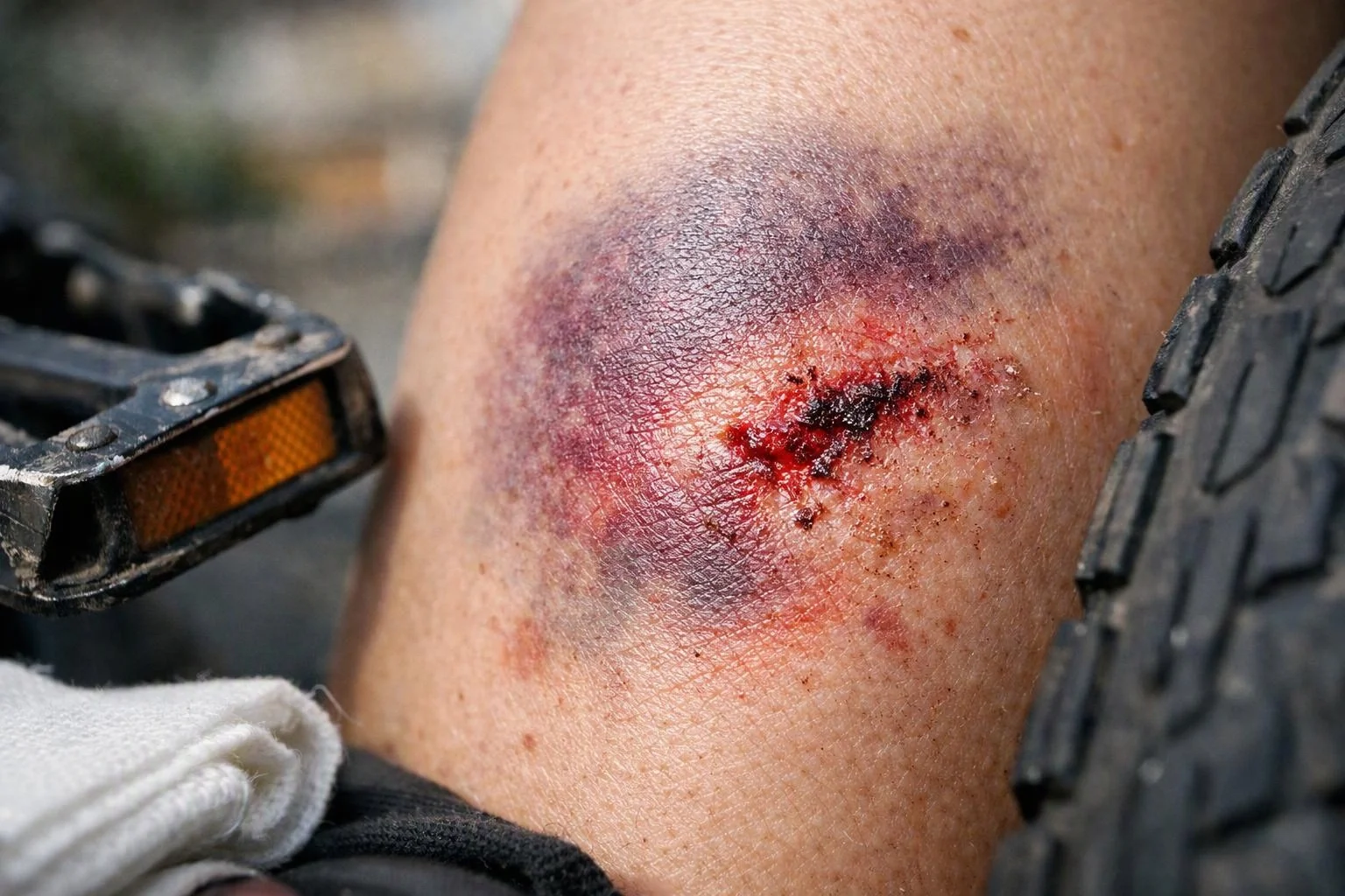 A bruised leg with an open scrape rests beside a bicycle pedal and tire
