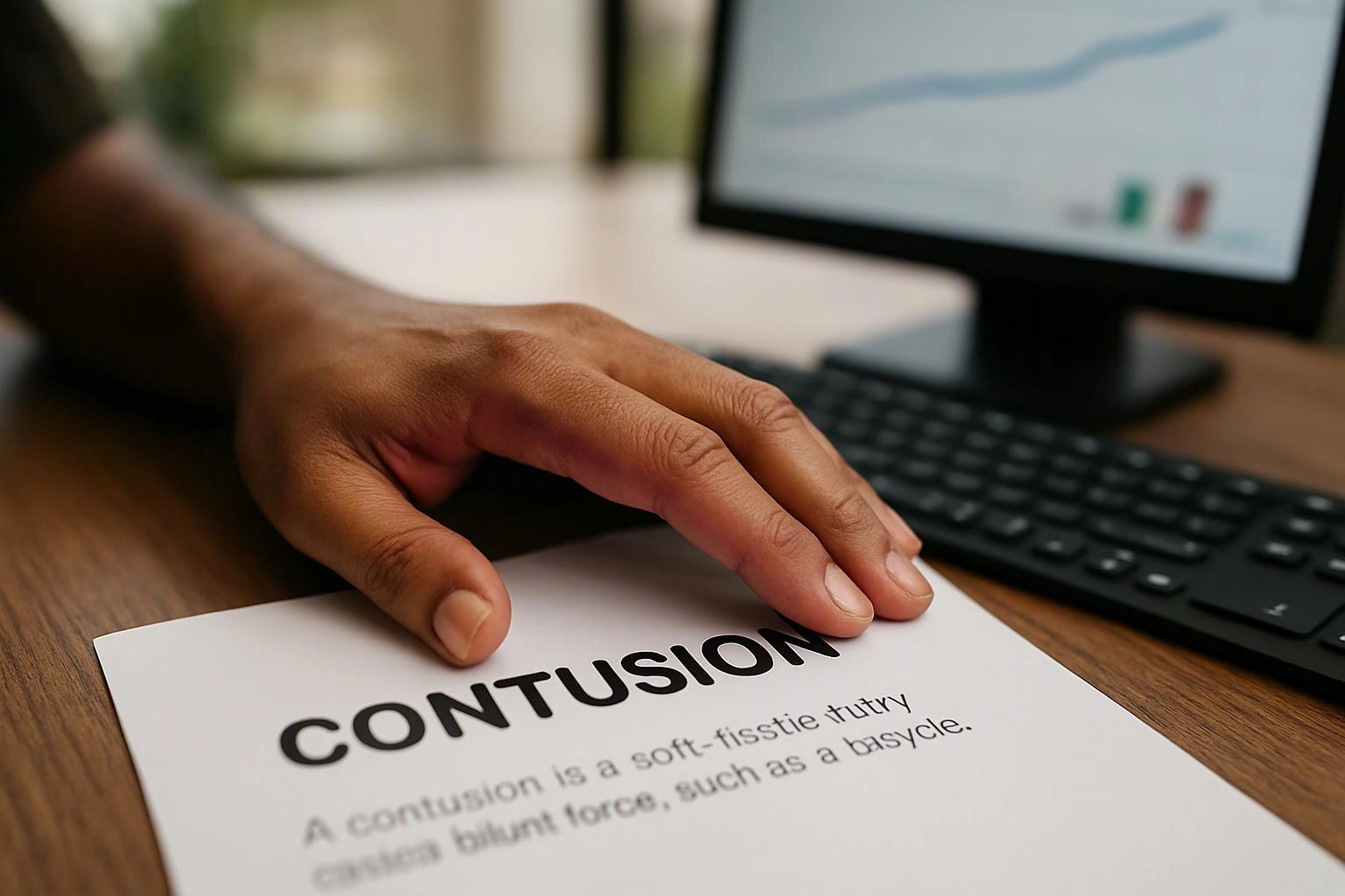 A hand rests on a paper titled “CONTUSION” beside a keyboard and a monitor on a desk