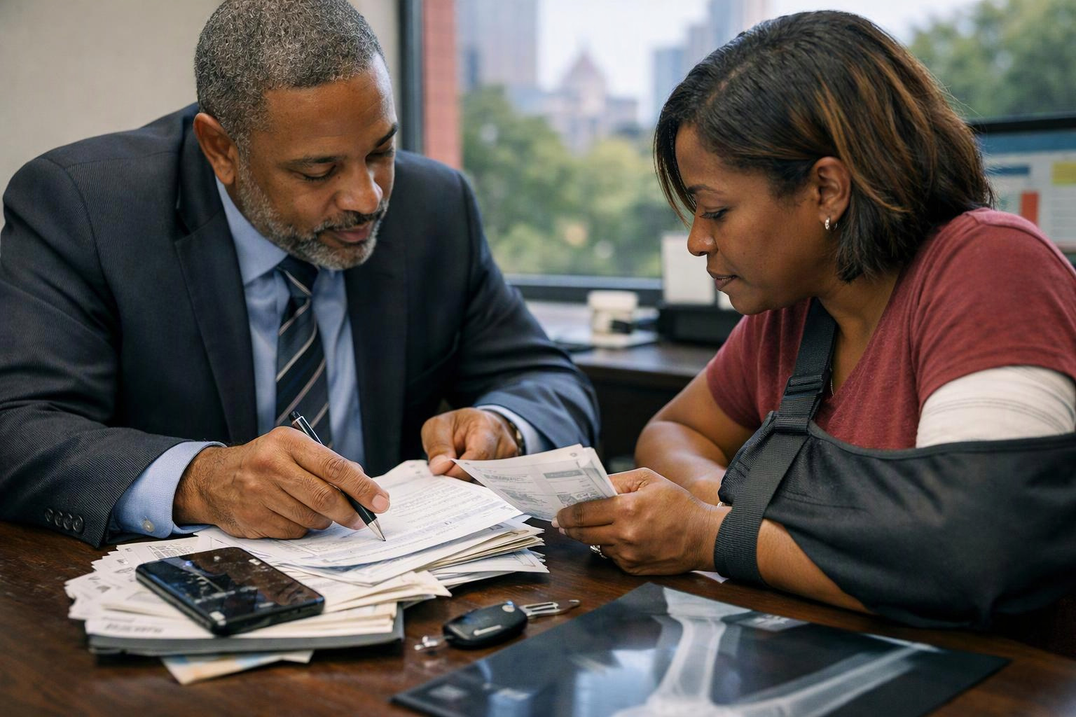 A suited man reviews papers with a woman in a sling at a desk in an office