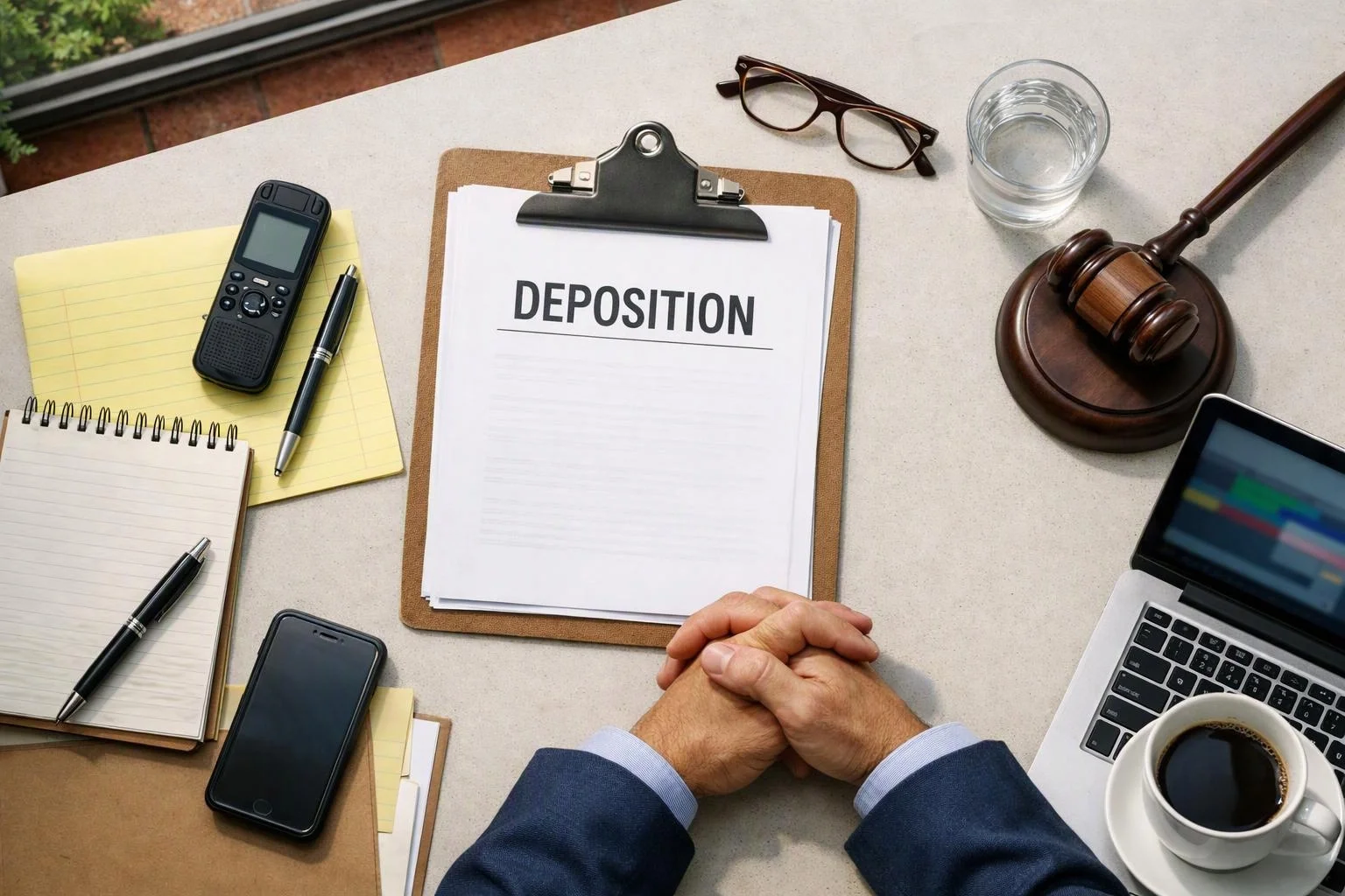 A desk holds a deposition clipboard, hands clasped below it, with a gavel, laptop, notebooks, phone, glasses