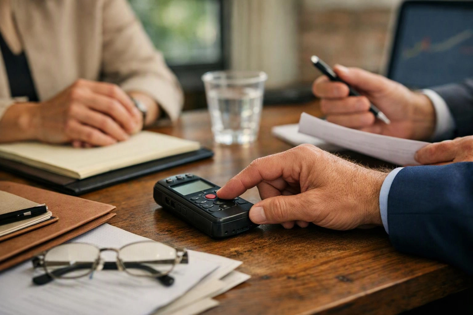 Hands in suits sit around a wooden table, one pressing a voice recorder beside notebooks, papers, glasses, and a water glass