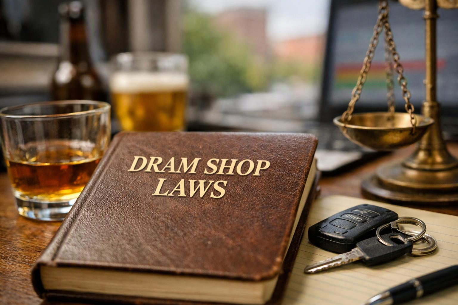 A book titled “DRAM SHOP LAWS” sits beside whiskey, car keys, and a brass scale on a desk