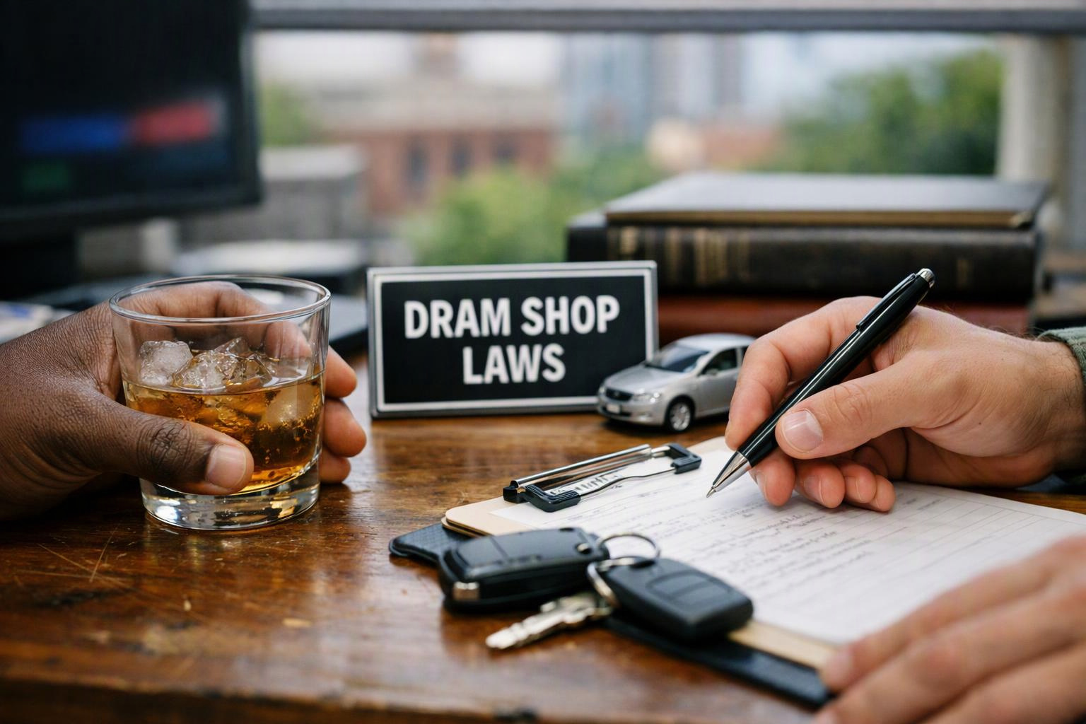 Two hands sit at a desk with whiskey, keys, a clipboard, a toy car, and a sign reading “DRAM SHOP LAWS”