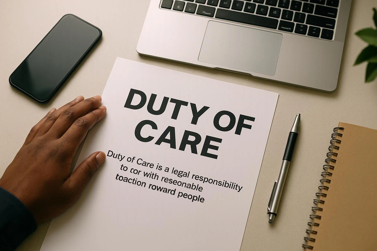 A hand rests beside a paper titled “DUTY OF CARE” on a desk with a laptop, phone, pen, and notebook