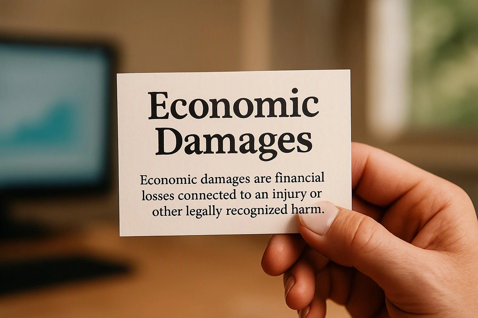 A hand holds a card reading “Economic Damages” in front of a blurred computer screen
