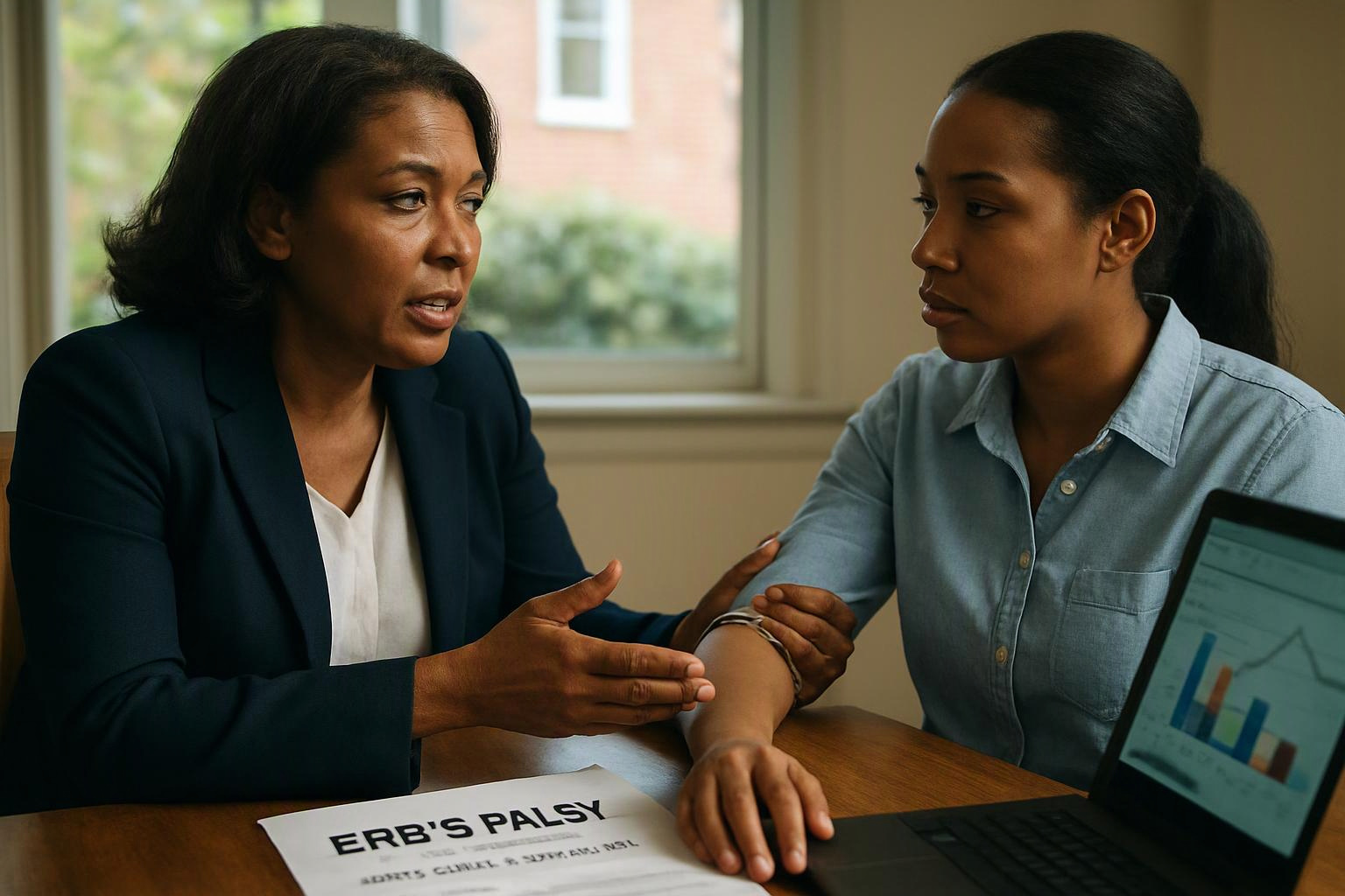 Two women sit at a table, one explaining while holding the other’s arm near a laptop and a paper labeled “ERB’S PALSY”
