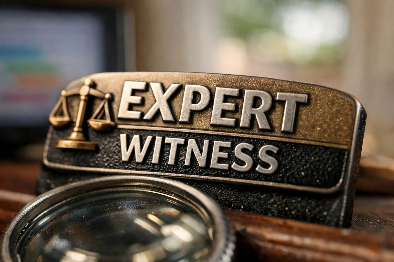 A close-up shows a metal badge reading “EXPERT WITNESS” beside a magnifying glass on a desk