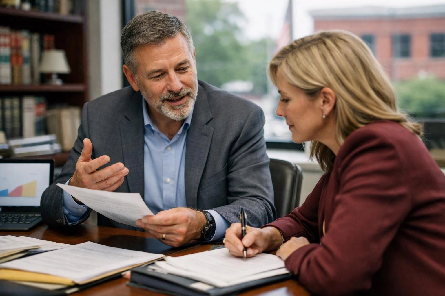 A man in a suit talks with a woman taking notes at a desk in an office