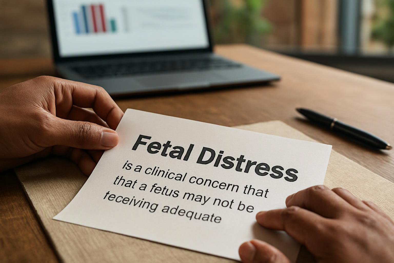 Hands hold a paper reading "Fetal Distress" on a desk with a laptop and pen nearby