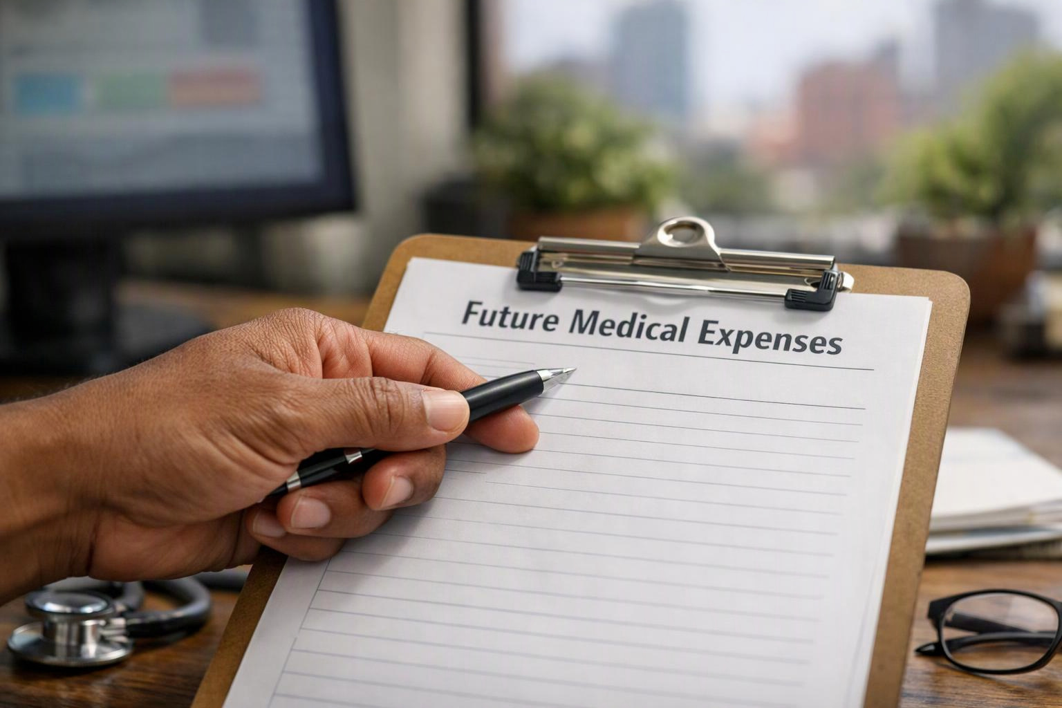 A hand holds a pen over a clipboard labeled "Future Medical Expenses" on a desk
