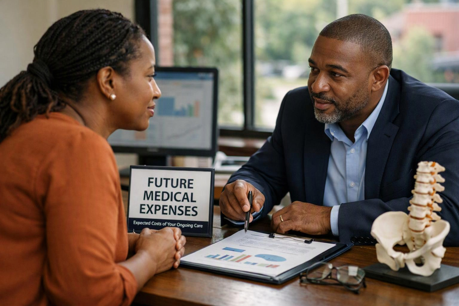 A man in a suit discusses paperwork with a woman across a desk, beside a sign reading “FUTURE MEDICAL EXPENSES”