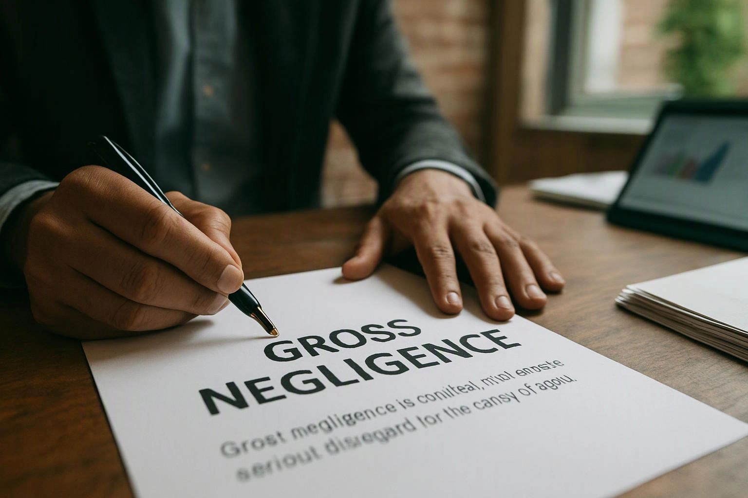 A person in a suit writes on a paper labeled “GROSS NEGLIGENCE” at a wooden desk
