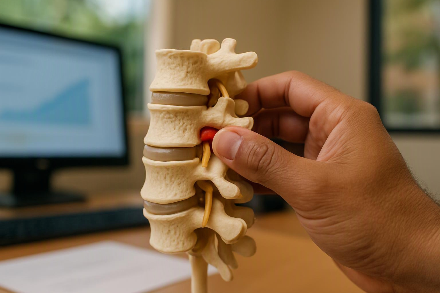 A hand holds a small spine model with a red disc, beside a blurred computer monitor on a desk