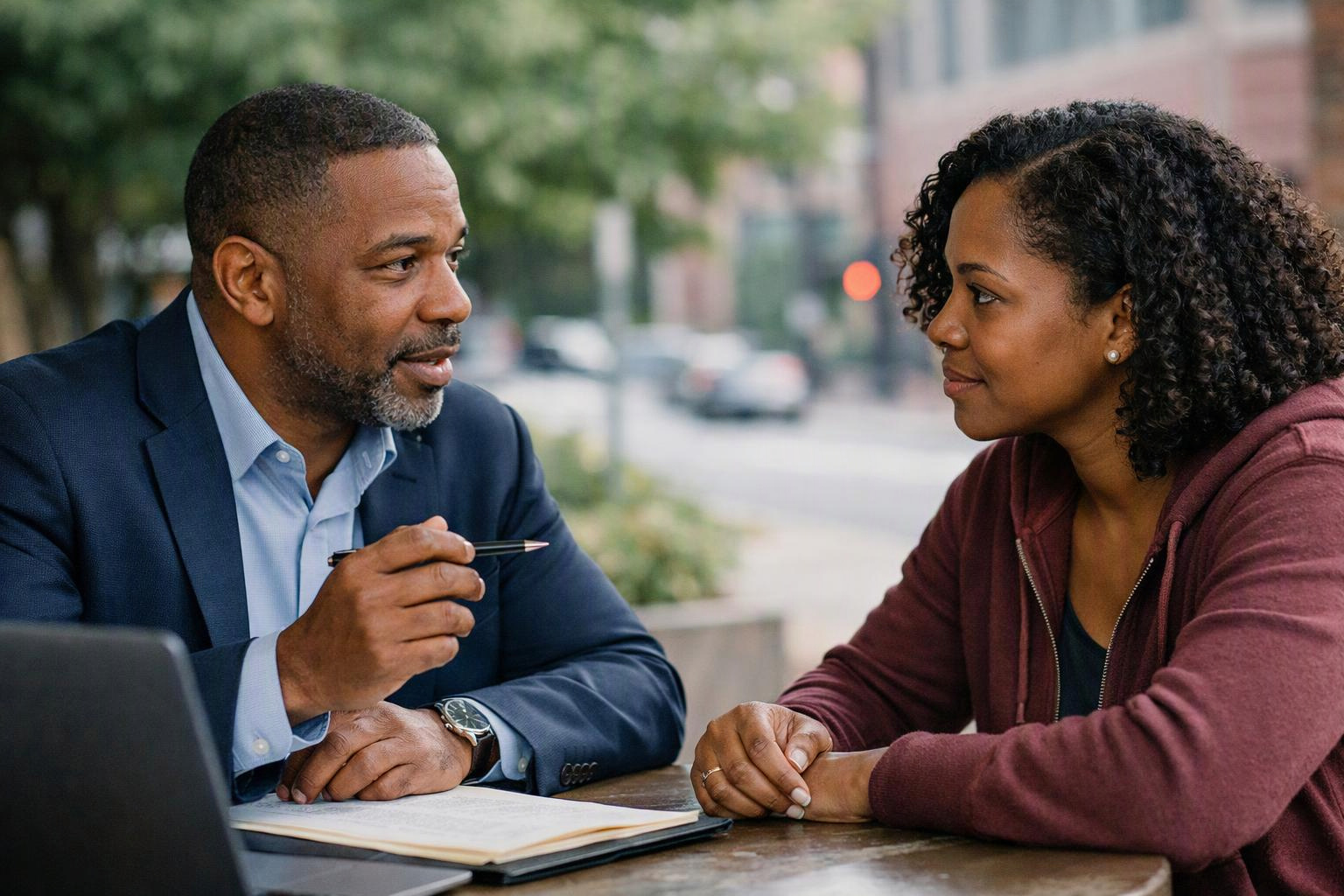 A man in a suit talks with a woman across an outdoor table, with a laptop and notebook nearby